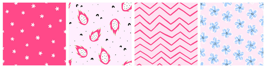 Seamless pattern with dragon fruit, flowers and abstract elements. Vector backgrounds with hand drawn pitaya, plants, abstract shapes. Creative texture for fabric, textile