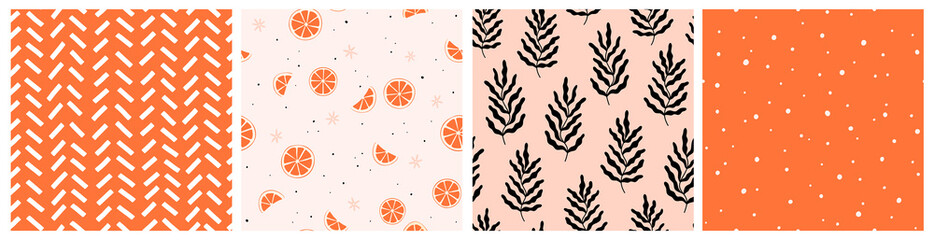 Seamless pattern with oranges, leaves and abstract elements. Vector backgrounds with hand drawn fruits, plants, Matisse inspired branches, dots. Creative texture for fabric, textile