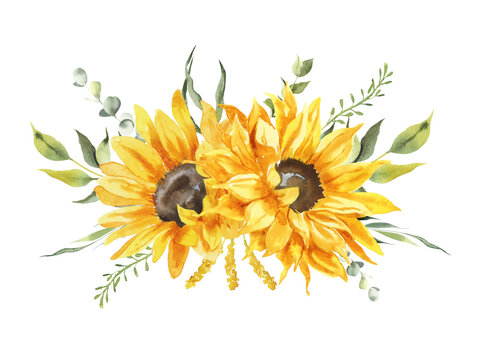 Watercolor sunflowers illustration - bouquet. Yellow summer flowers, Floral elements, Wildflowers, Wedding arrangement.