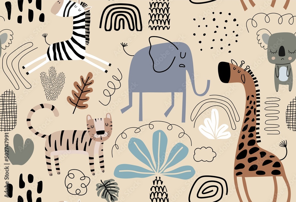 Wall mural Vector seamless pattern with cute animal.