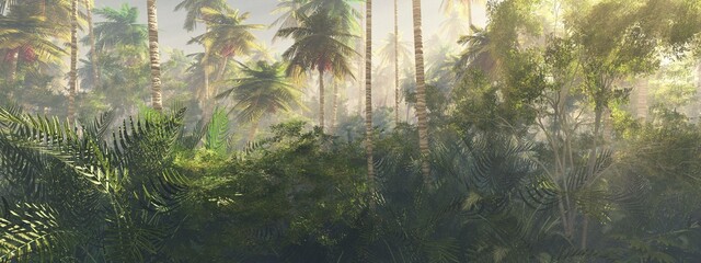 Dschungel, Regenwald während der Planke, Palmen morgens im Nebel, Dschungel im Dunst, 3D-Rendering © ustas