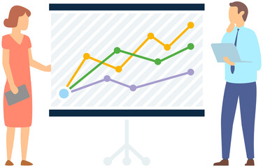 Manager makes presentation of statistical report analysis charts. Planning business. Teamwork consulting for project management, financial reporting and strategy. Data analysis research statistics