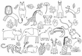 Obraz premium cartoon big set of cute doodle animals.