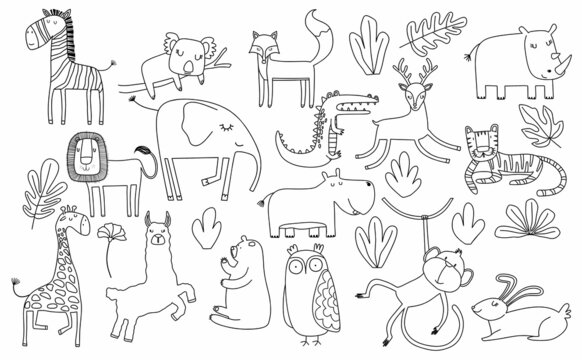 cartoon big set of cute doodle animals.