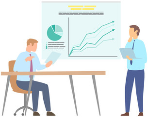 Manager makes presentation of statistical report analysis charts. Planning business. Teamwork consulting for project management, financial reporting and strategy. Data analysis research statistics