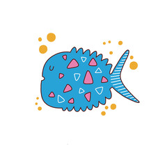 Blue fish hand drawn flat illustration. Cute fish character isolated on white background in scandinavian style.