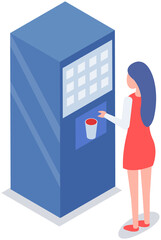 Woman buying water in vending machine. Female character uses automated self service device with snack and beverages. Modern equipment for office or business center. Appliance with food and drinks
