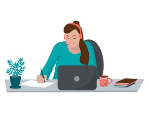 Fototapeta na wymiar Online learning at home. Smiling student sitting at a table with a laptop, wearing headphones and writing in a notebook. Concept of online education. Flat vector illustration