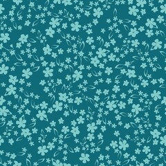 Seamless vintage pattern. Small light blue flowers and leaves. Dark turquoise background. vector texture. fashionable print for textiles, wallpaper and packaging.