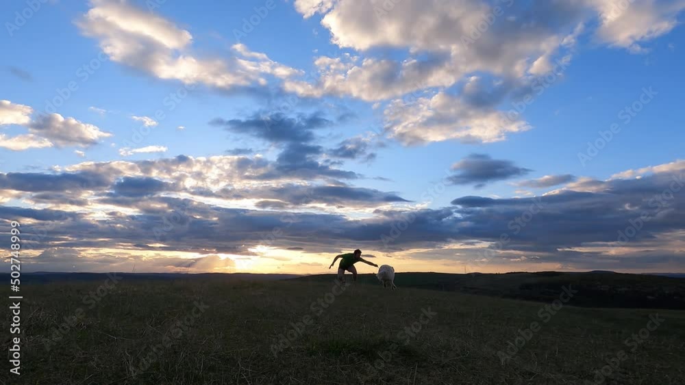 Poster man playing with his dog in sunset