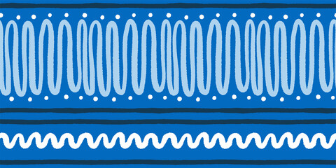  Blue and white decorative seamless pattern with wavy lines for Mediterranean style textile print. Folk art inspired border vector design.
