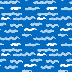 Sea waves simple seamless pattern for summer textile print. Abstract blue ocean hand drawn vector background.