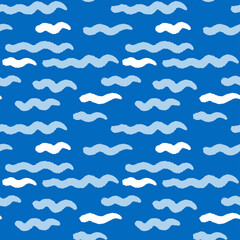 Sea waves simple seamless pattern for summer textile print. Abstract blue ocean hand drawn vector background.