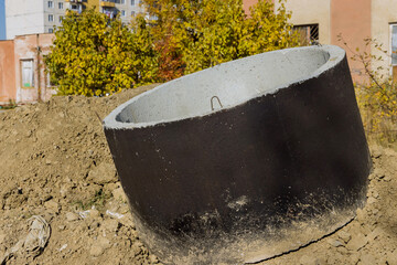 Concrete drainage reinforcement pipes stacked on for building construction site