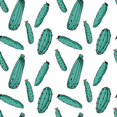 Farmers market food seamless pattern. Organic fresh farm food, healthy lifestyle illustration on white background. Hand drawn vegetables. Cucumber design.