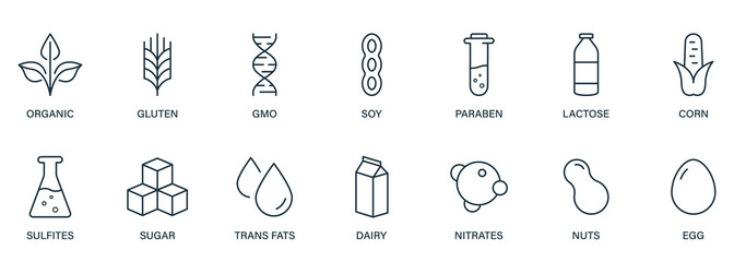Sugar, Corn, GMO, Dairy, Nitrates, Trans Fat, Soy, Milk, Egg, Paraben, Gluten and Nuts Sign Set. Vegan Food Product Outline Icon. Organic Allergy Ingredient Line Black Icon. Vector Illustration