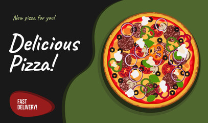Vector illustration, Italian delicious pizza advertising banner with tomatoes, olives, mushrooms, and basil leaves.
