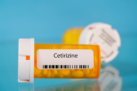 Cetirizine. Cetirizine pills in RX prescription drug bottle