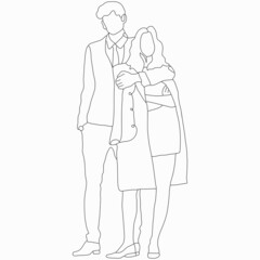 Young fashion couple. Happy Valentine's Day. Nice vector flat line art illustration. Vector element for decor for Valentine's Day. Lovers, romance, kiss. Cover models. Imitation of drawing by one line