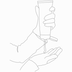 Beauty and care. Silhouette of hands in gloves that hold cream or hair dye. Nice vector flat line art illustration. Vector element for decoration in the style of minimalism. One line