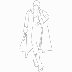 Fashion girl posing. Street style. Nice vector flat line art illustration. Vector element for decoration in the style of minimalism. Fashion model. Imitation of drawing by one line. Trendy look