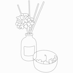Beauty and fashion. Home diffuser and scented candle with flower petals. Vector flat line art illustration. Vector element for decoration in the style of minimalism. Imitation of drawing by one line