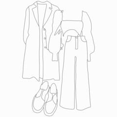 Beauty and care. Fashion look. Stylish collection of clothes.  Vector flat line art illustration. Vector element for decoration in the style of minimalism. Imitation of drawing by one line