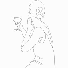 A woman in a dress with a glass in her hand. Nice vector flat line art illustration. Vector element for decoration in the style of minimalism. Fashion model. Imitation of drawing by one line. Beauty