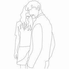 Young fashion couple. Happy Valentine's Day. Nice vector flat line art illustration. Vector element for decor for Valentine's Day. Lovers, romance, kiss. Cover models. Imitation of drawing by one line