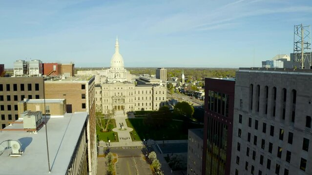 4K Drone video of the state capital in Lansing, Michigan during the sunrise