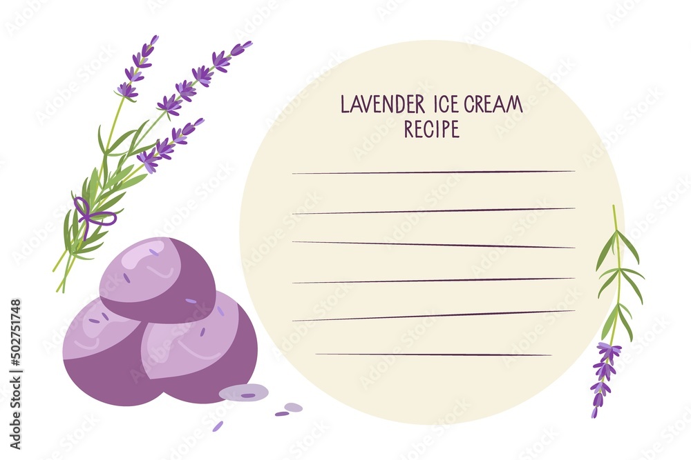 Wall mural Lavender ice cream Recipe. Homemade Ice creme, lavender plant, template for recipe. Recipe card template with copy space for writing recipe. Culinary course poster concept, culinary school.