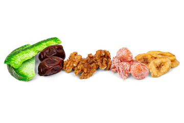 Dried fruits. Pomelo, dates, kumquat, banana chips and walnuts, close-up, isolated on a white background