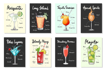 Set of 8 advertising recipe lists with alcoholic drinks, cocktails and beverages lettering posters, wall decoration, prints, menu design. Hand drawn vector engraved sketches. Handwritten calligraphy. - obrazy, fototapety, plakaty