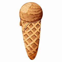 A scoop of caramel chocolate ice cream in a waffle cone. Sweets vector illustration on isolated transparent background for banner, poster, advertisement, summer sticker