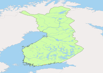 High detailed vector Finland physical map, topographic map of Finland on white with rivers, lakes and neighbouring countries. 