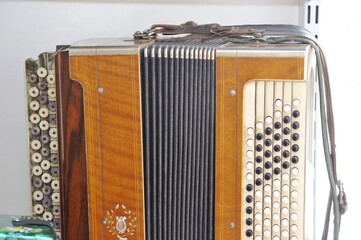 Fragments of musical instrument bayan close-up
