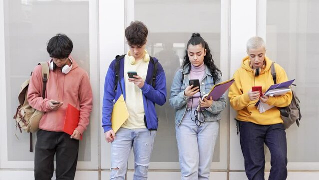 Teenager students using smart mobile phones in College School - Online Internet Social Media and Virtual Network Addiction