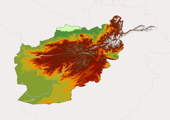High detailed vector Afghanistan physical map, topographic map of Afghanistan on white with rivers, lakes and neighbouring countries. 