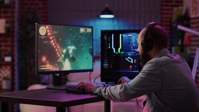 Premium Photo  African streamer gamer experiencing virtual reality wearing  headset. virtual space shooter game championship in cyberspace, esports  player performing on pc during gaming tournament.