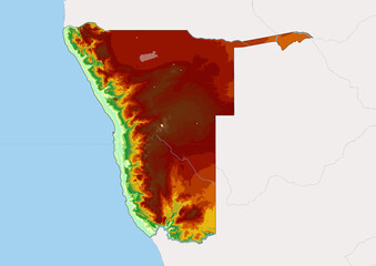 High detailed vector Namibia physical map, topographic map of Namibia on white with rivers, lakes and neighbouring countries. 