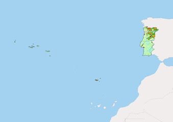 High detailed vector Portugal physical map, topographic map of Portugal on white with rivers, lakes and neighbouring countries. 