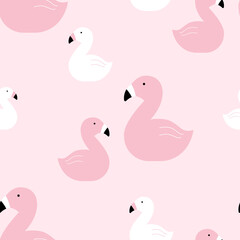Pink and white ducks on a pink background. Seamless vector pattern.