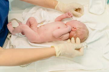 Newborn baby is examinate in hospital just after childbirth. Length measurement.