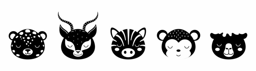 Black and white animal heads set of jaguar, gazelle, zebra, monkey, camel. Animal faces in scandinavian style. Desing for kids t-shirts, wear, nursery decoration, greeting cards, other.