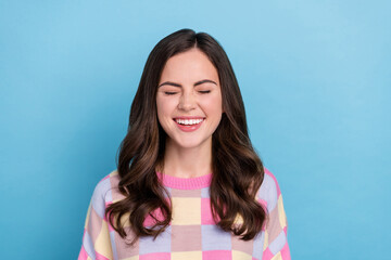 Fototapeta premium Photo of young cheerful pretty girl have fun laughing comedy ha-ha-ha isolated over blue color background