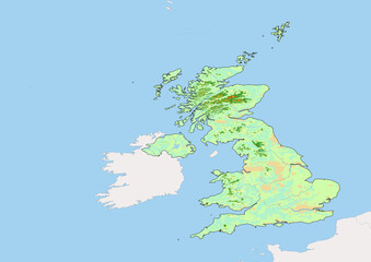 High detailed vector United Kingdom physical map, topographic map of United Kingdom on white with rivers, lakes and neighbouring countries. 