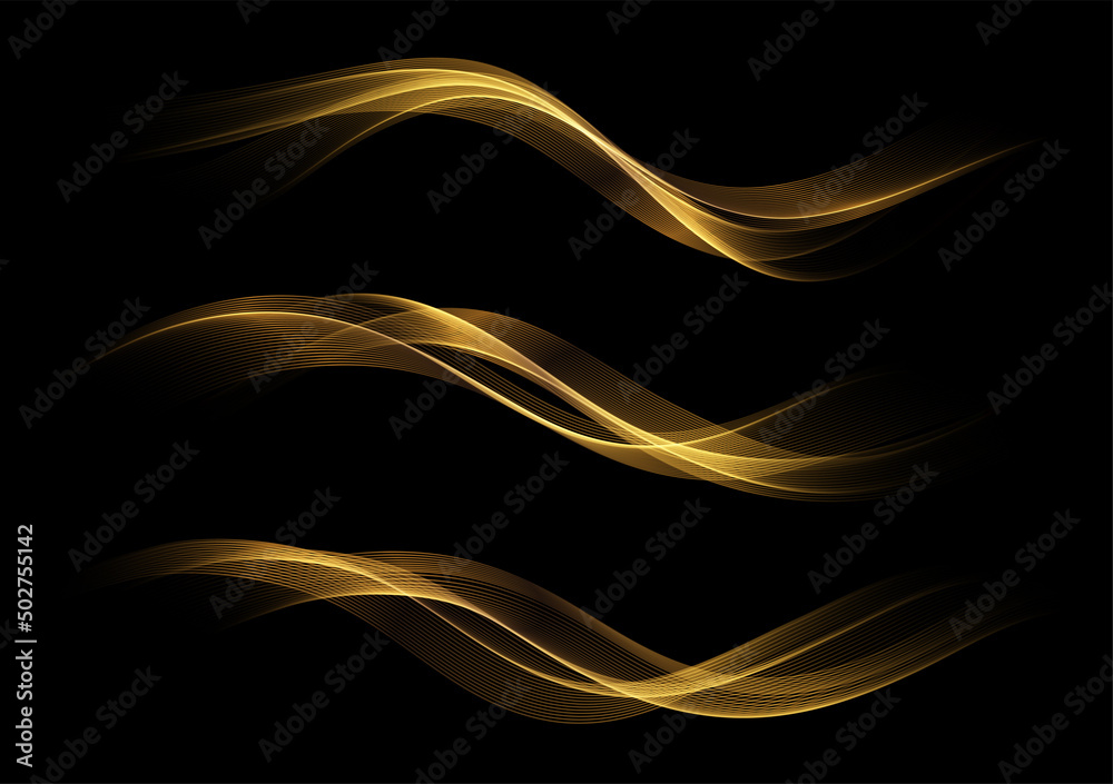 Poster abstract gold waves. shiny golden moving lines design element on dark background for greeting card a