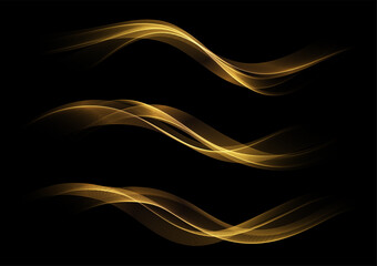 Abstract Gold Waves. Shiny golden moving lines design element on dark background for greeting card and disqount voucher.