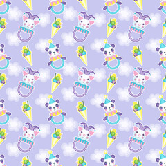 Vector seamless pattern with toys rattles, ice cream, clouds on a purple background. Circus theme.