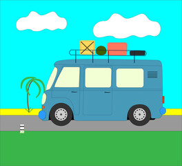 Fototapeta premium Traveling by car around the world. A small blue bus for travelers is traveling along the road to the sea